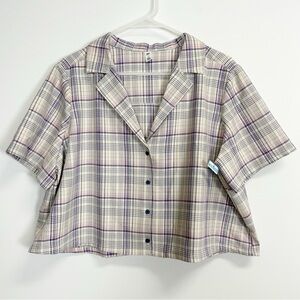 BP Shirt Womens 1X Purple Blue Plaid Short Sleeve Button Front Boxy Cropped Top
